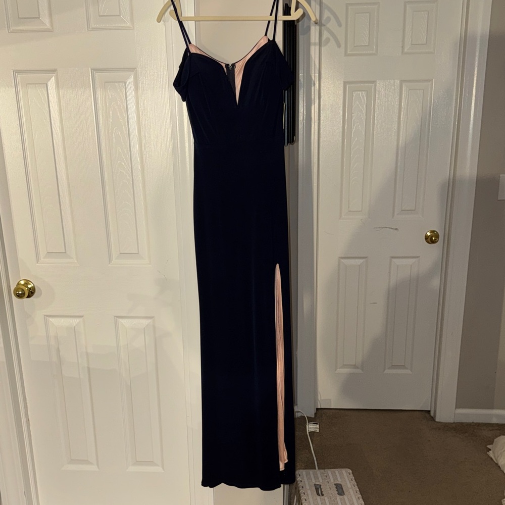 Elegant Navy blue Evening Gown with Blush Trim